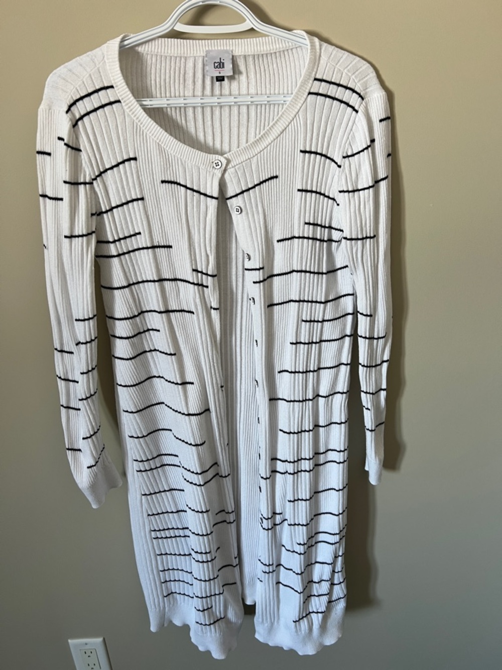 CAbi White Ribbed Long Cardigan Broken Black Horizontal Stripe Button Down #5638